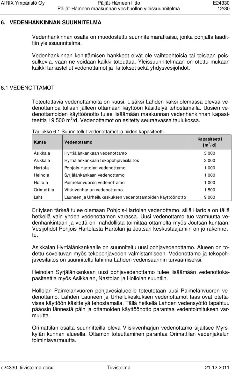 Yleissuunnitelmaan on otettu mukaan kaikki tarkastellut vedenottamot ja -laitokset sekä yhdysvesijohdot. 6.1 VEDENOTTAMOT Toteutettavia vedenottamoita on kuusi.