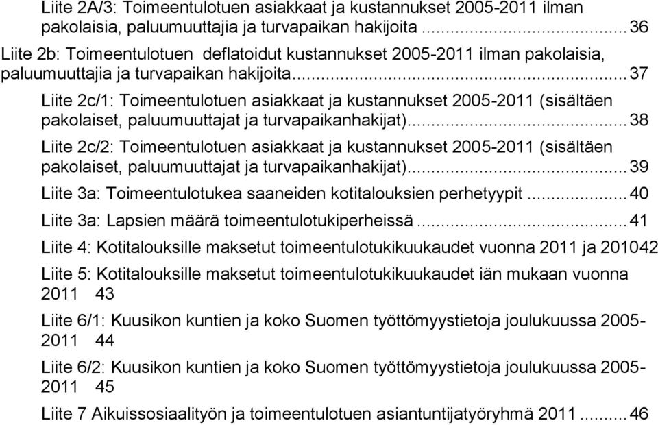 .. 37 Liite 2c/1: Toimeentulotuen asiakkaat ja kustannukset 2005-2011 (sisältäen pakolaiset, paluumuuttajat ja turvapaikanhakijat).