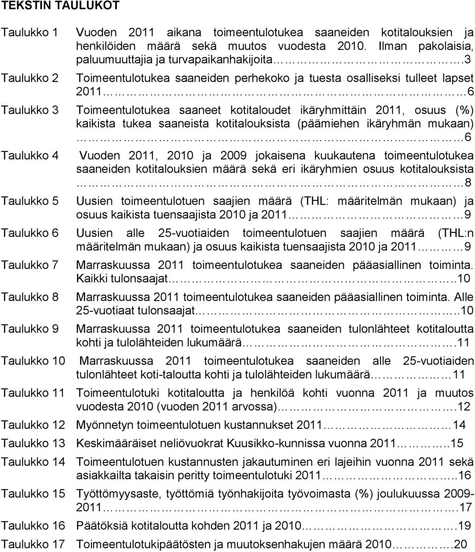 3 Toimeentulotukea saaneiden perhekoko ja tuesta osalliseksi tulleet lapset 2011 6 Taulukko 3 Toimeentulotukea saaneet kotitaloudet ikäryhmittäin 2011, osuus (%) kaikista tukea saaneista