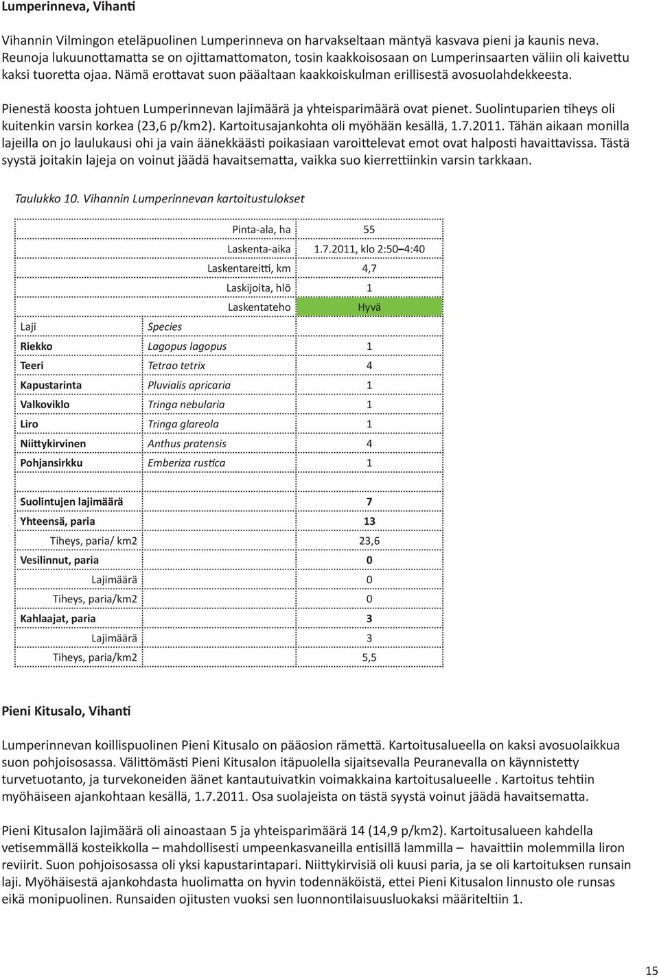 Nämä erottavat suon pääaltaan kaakkoiskulman erillisestä avosuolahdekkeesta. Pienestä koosta johtuen Lumperinnevan lajimäärä ja yhteisparimäärä ovat pienet.