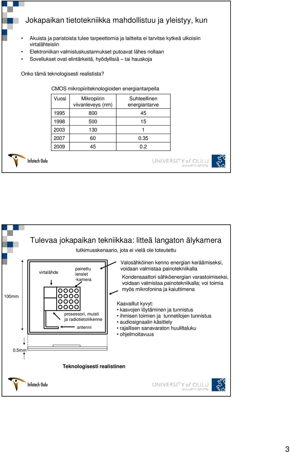CMOS mikropiiriteknologioiden energiantarpeita Vuosi 1995 1998 2003 2007 2009 Mikropiirin viivanleveys (nm) 800 500 130 60 45 Suhteellinen energiantarve 45 15 1 0.35 0.