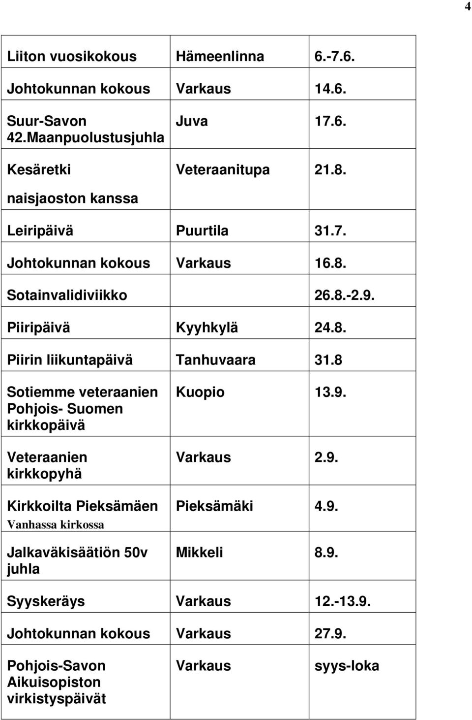 8 Sotiemme veteraanien Pohjois- Suomen kirkkopäivä Veteraanien kirkkopyhä Kirkkoilta Pieksämäen Vanhassa kirkossa Jalkaväkisäätiön 50v juhla Kuopio 13.9.