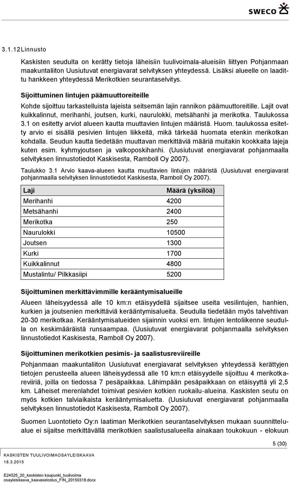 Sijoittuminen lintujen päämuuttoreiteille Kohde sijoittuu tarkastelluista lajeista seitsemän lajin rannikon päämuuttoreitille.