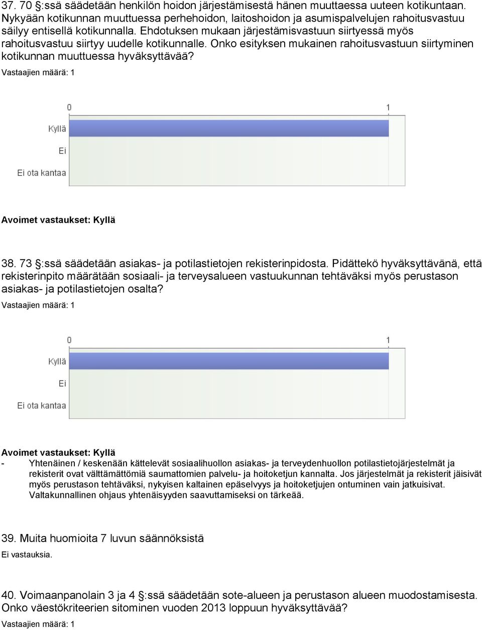 Ehdotuksen mukaan järjestämisvastuun siirtyessä myös rahoitusvastuu siirtyy uudelle kotikunnalle. Onko esityksen mukainen rahoitusvastuun siirtyminen kotikunnan muuttuessa hyväksyttävää? 38.