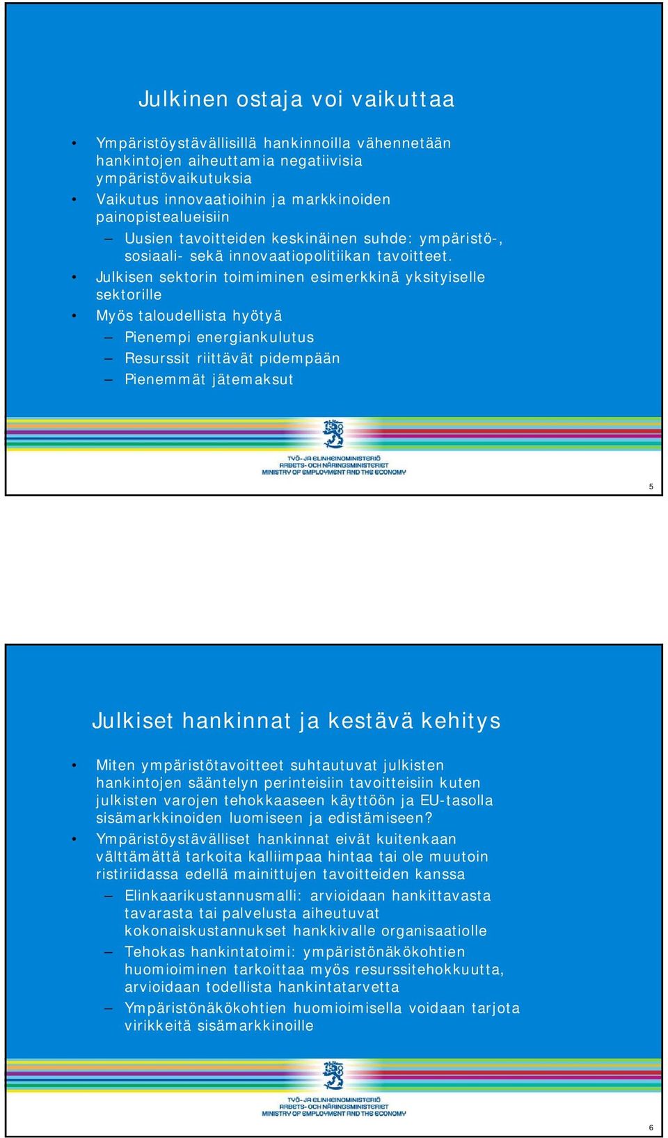 Julkisen sektorin toimiminen esimerkkinä yksityiselle sektorille Myös taloudellista hyötyä Pienempi energiankulutus Resurssit riittävät pidempään Pienemmät jätemaksut 5 Julkiset hankinnat ja kestävä