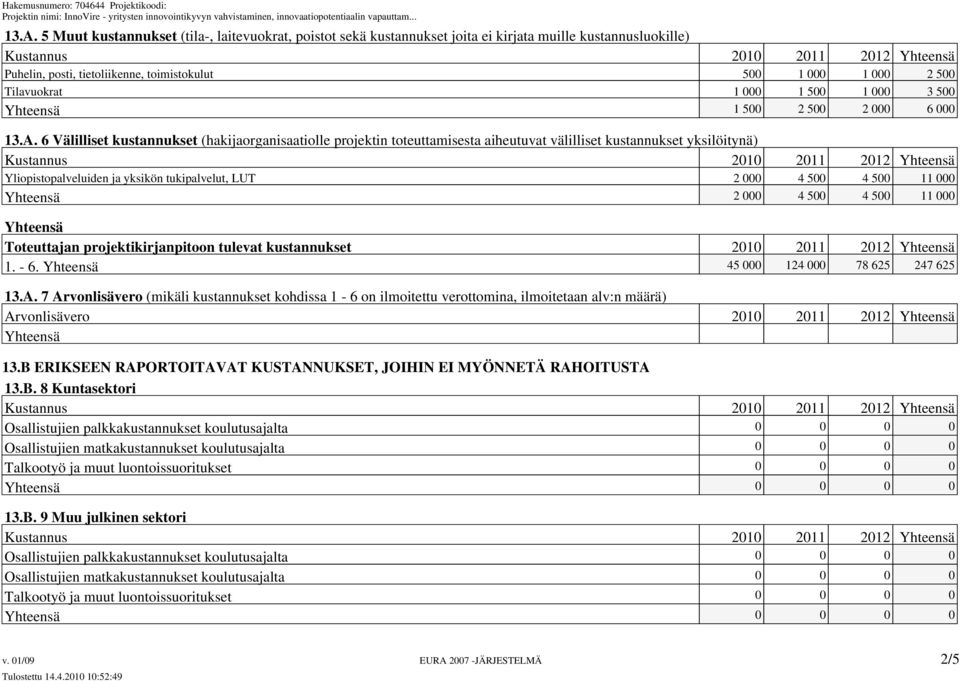 6 Välilliset kustannukset (hakijaorganisaatiolle projektin toteuttamisesta aiheutuvat välilliset kustannukset yksilöitynä) Kustannus 2010 2011 2012 Yhteensä Yliopistopalveluiden ja yksikön