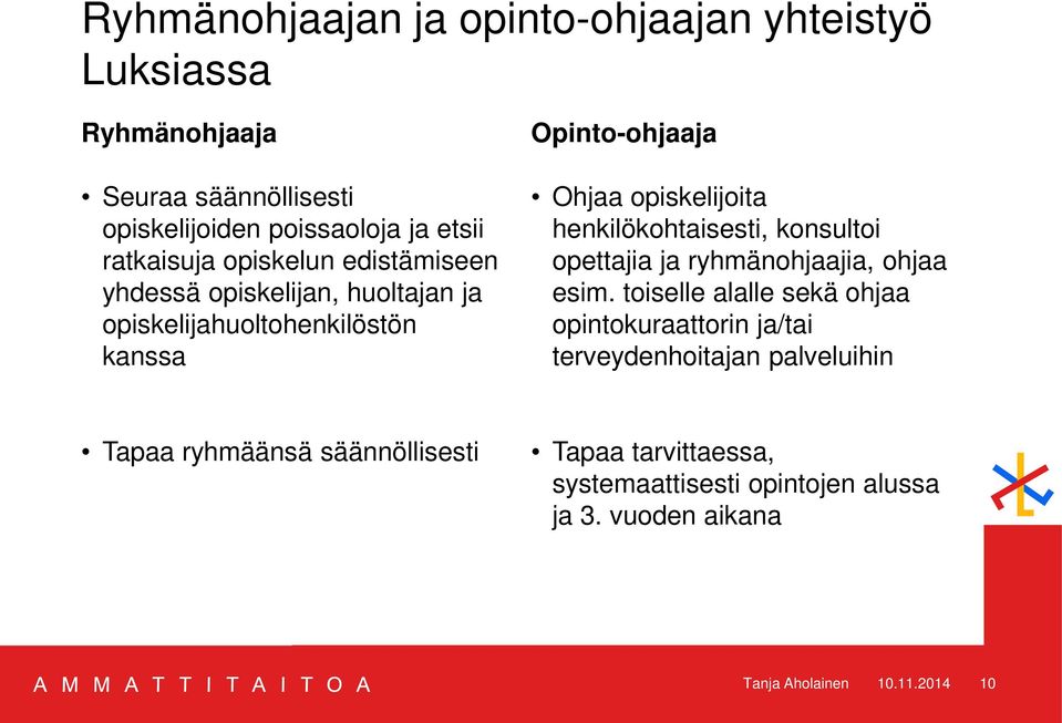 henkilökohtaisesti, konsultoi opettajia ja ryhmänohjaajia, ohjaa esim.