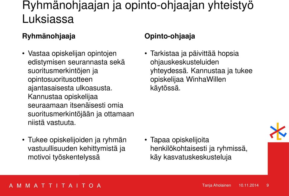 Tukee opiskelijoiden ja ryhmän vastuullisuuden kehittymistä ja motivoi työskentelyssä Opinto-ohjaaja Tarkistaa ja päivittää hopsia ohjauskeskusteluiden