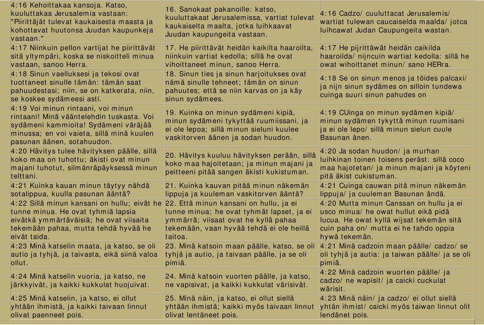 4:18 Sinun vaelluksesi ja tekosi ovat tuottaneet sinulle tämän: tämän saat pahuudestasi; niin, se on katkerata, niin, se koskee sydämeesi asti. 4:19 Voi minun rintaani, voi minun rintaani!