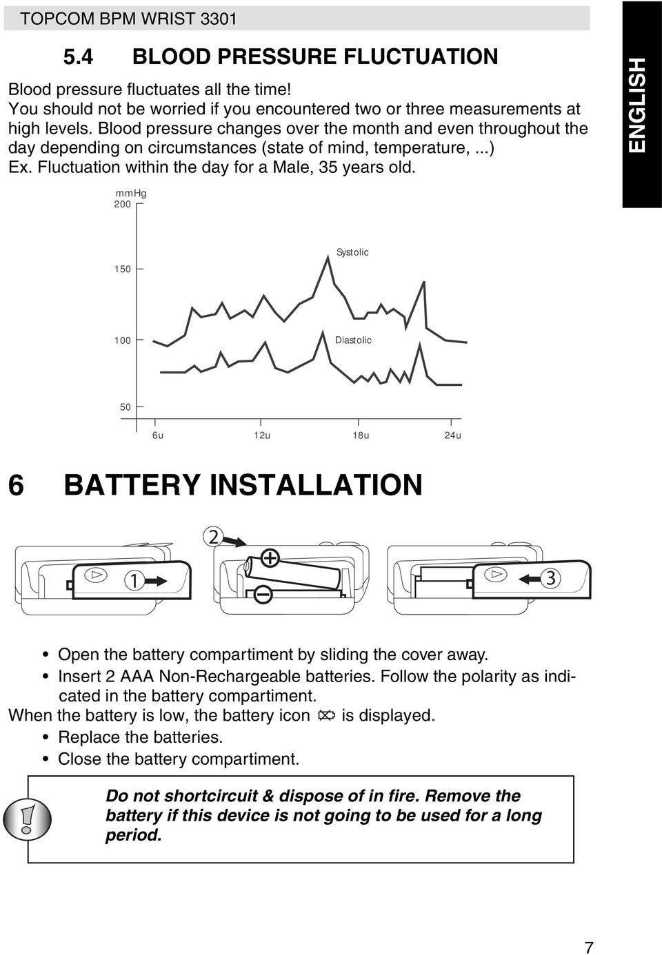 ENGLISH mmhg 200 150 Systolic 100 Diastolic 50 6u 12u 18u 24u 6 BATTERY INSTALLATION 2 1 3 Open the battery compartiment by sliding the cover away. Insert 2 AAA Non-Rechargeable batteries.