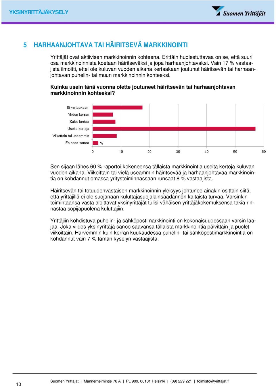Vain 17 % vastaajista ilmoitti, ettei ole kuluvan vuoden aikana kertaakaan joutunut häiritsevän tai harhaanjohtavan puhelin- tai muun markkinoinnin kohteeksi.