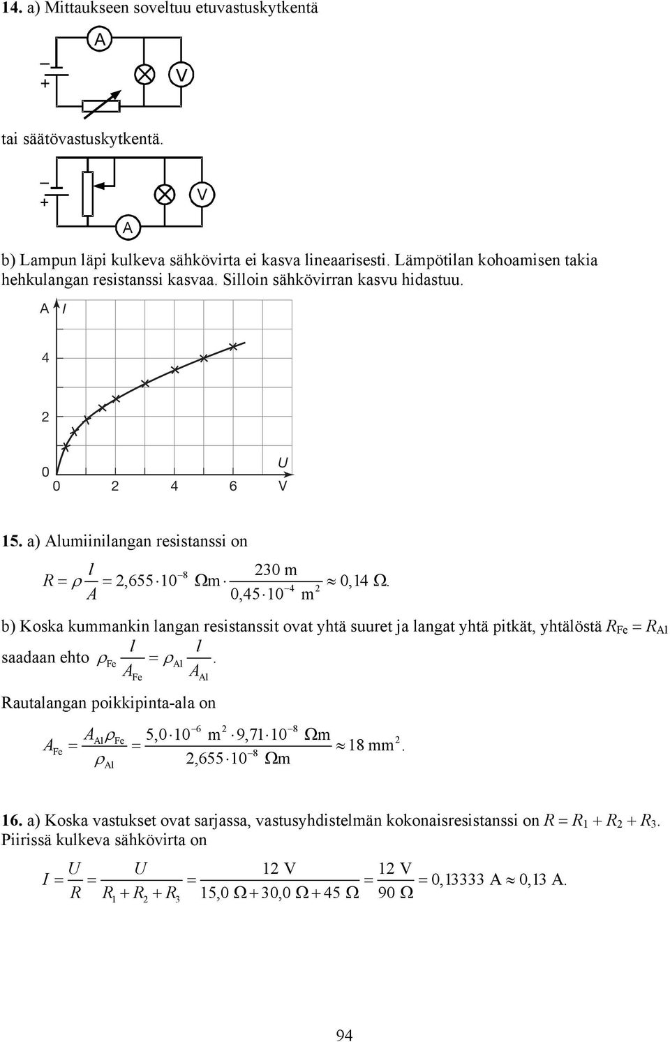 4 b) Koska kummankin langan esistanssit ovat yhtä suuet ja langat yhtä pitkät, yhtälöstä R Fe R Al l l saadaan ehto Fe Al.