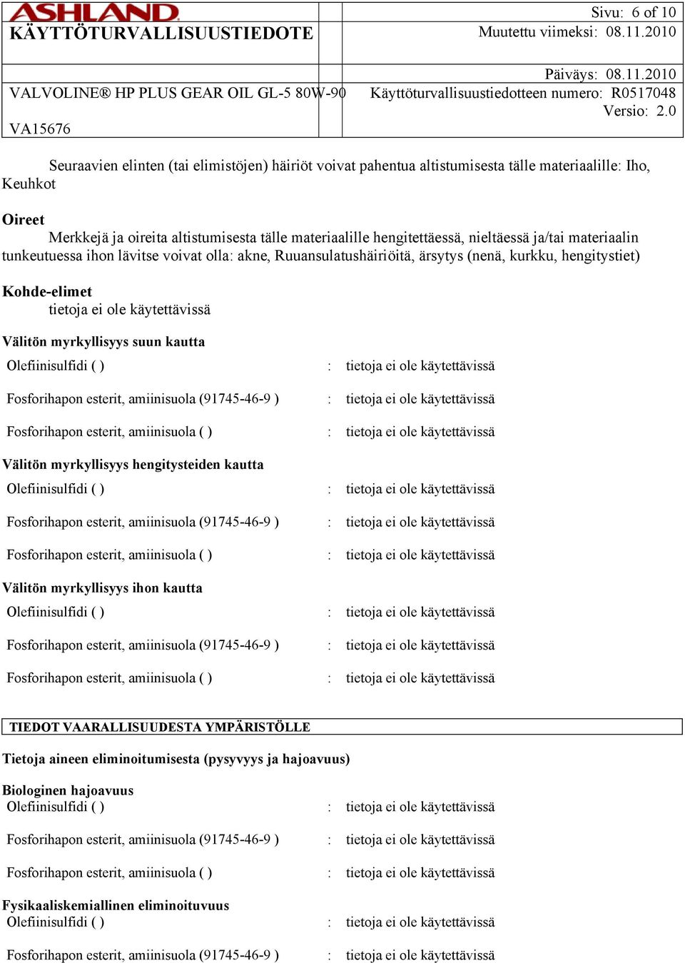 Olefiinisulfidi ( ) : Fosforihapon esterit, amiinisuola (91745-46-9 ) : Fosforihapon esterit, amiinisuola ( ) : Välitön myrkyllisyys hengitysteiden kautta Olefiinisulfidi ( ) : Fosforihapon esterit,