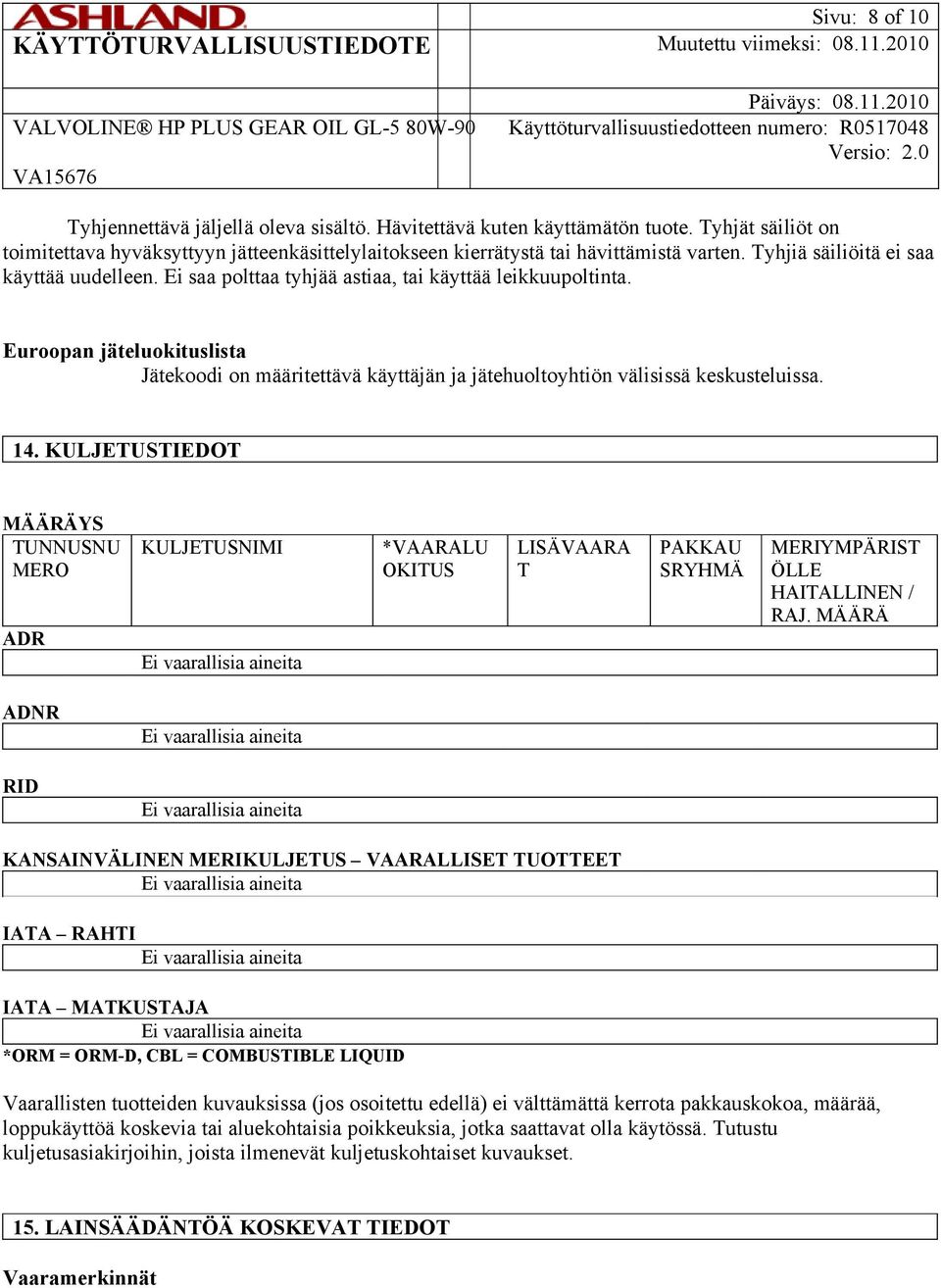 Euroopan jäteluokituslista Jätekoodi on määritettävä käyttäjän ja jätehuoltoyhtiön välisissä keskusteluissa. 14.