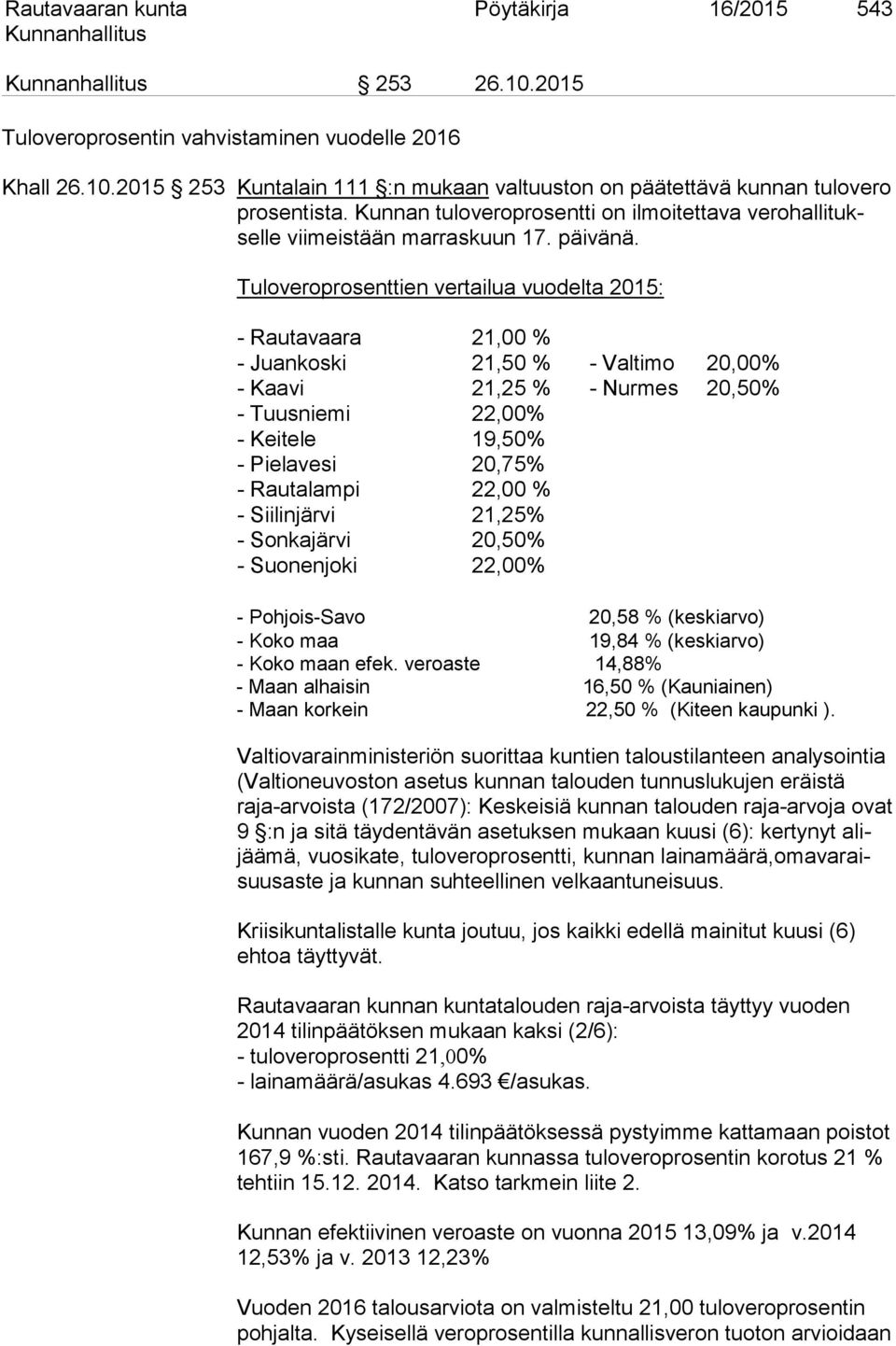 Tuloveroprosenttien vertailua vuodelta 2015: - Rautavaara 21,00 % - Juankoski 21,50 % - Valtimo 20,00% - Kaavi 21,25 % - Nurmes 20,50% - Tuusniemi 22,00% - Keitele 19,50% - Pielavesi 20,75% -