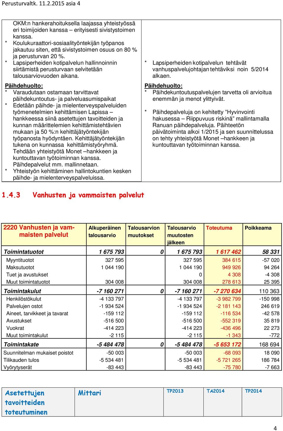 * Lapsiperheiden kotipalvelun hallinnoinnin siirtämistä perusturvaan selvitetään talousarviovuoden aikana.