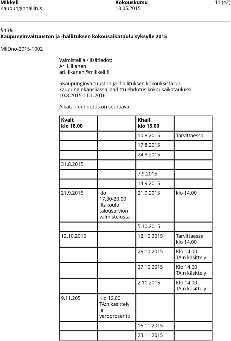 00 10.8.2015 Tarvittaessa 17.8.2015 24.8.2015 31.8.2015 7.9.2015 14.9.2015 21.9.2015 klo 17.30-20.00 Iltakoulu talousarvion valmistelusta 21.9.2015 klo 14.00 5.10.2015 12.10.2015 12.10.2015 Tarvittaessa klo 14.