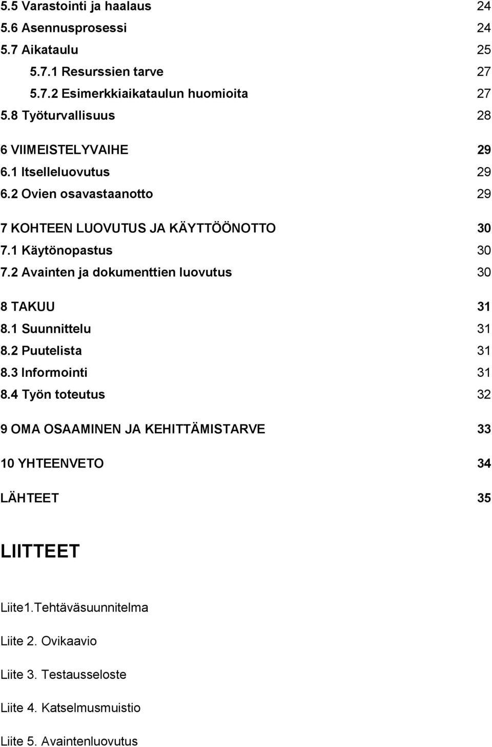 1 Käytönopastus 30 7.2 Avainten ja dokumenttien luovutus 30 8 TAKUU 31 8.1 Suunnittelu 31 8.2 Puutelista 31 8.3 Informointi 31 8.