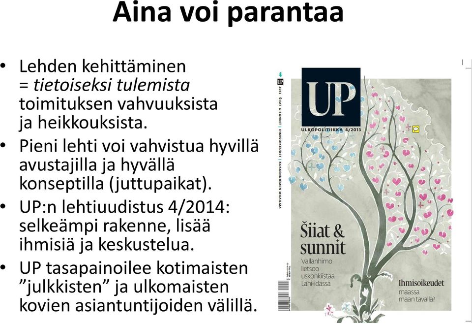 Pieni lehti voi vahvistua hyvillä avustajilla ja hyvällä konseptilla (juttupaikat).