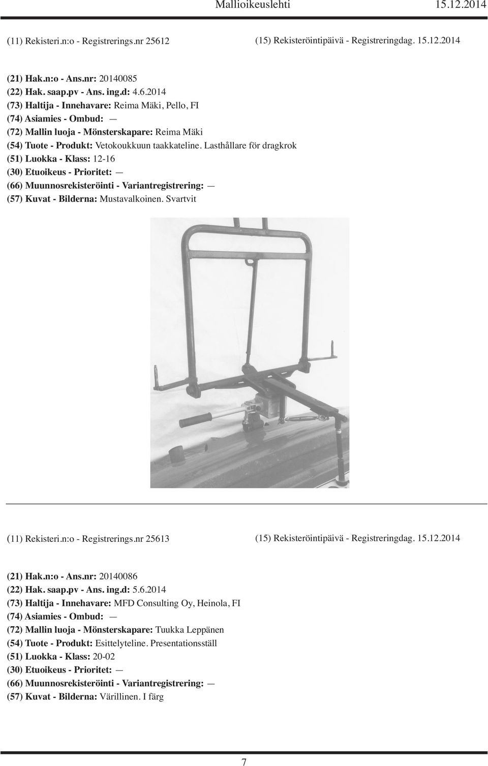 2014 (73) Haltija - Innehavare: Reima Mäki, Pello, FI (72) Mallin luoja - Mönsterskapare: Reima Mäki (54) Tuote - Produkt: Vetokoukkuun taakkateline.