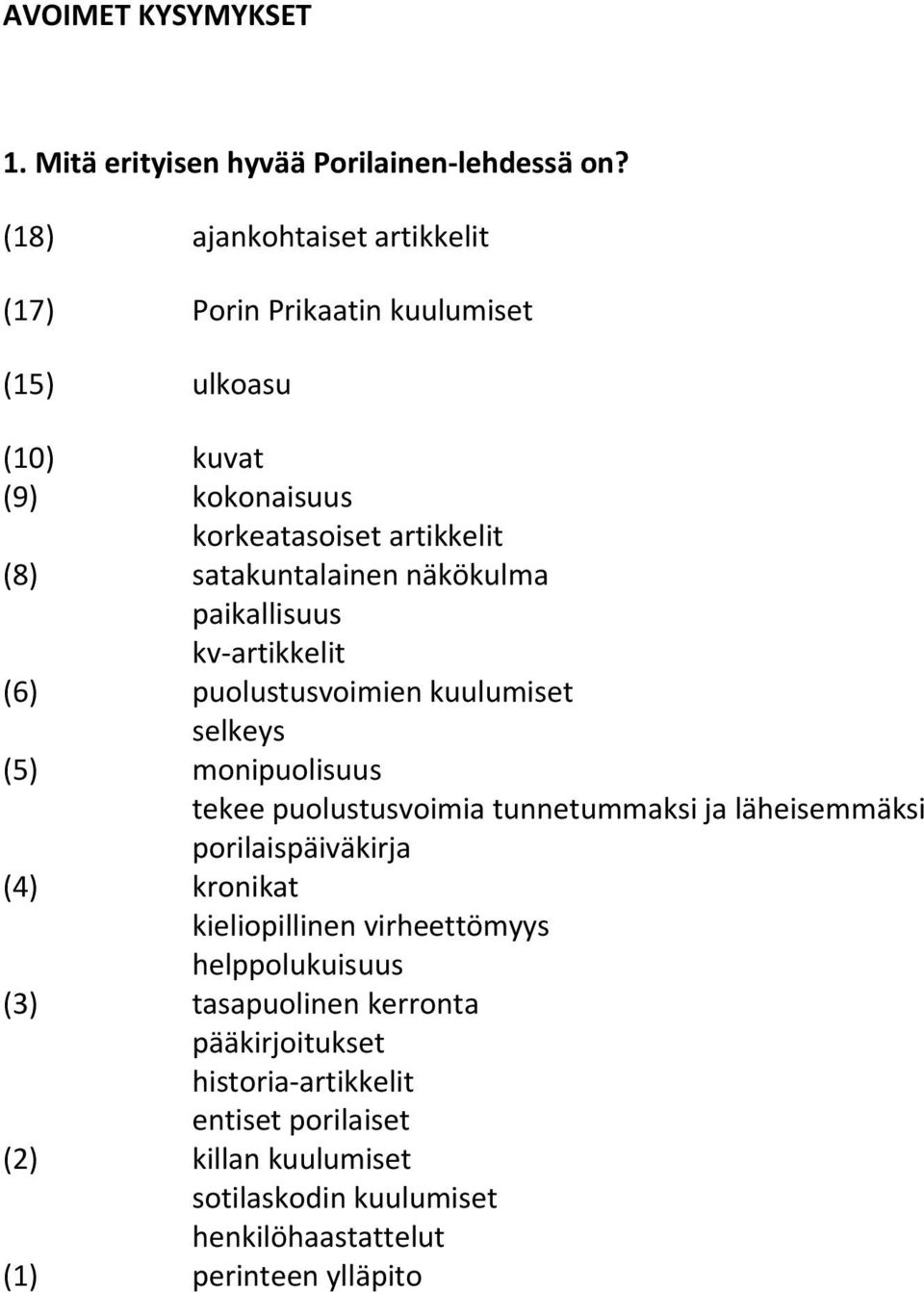 näkökulma paikallisuus kv-artikkelit (6) puolustusvoimien kuulumiset selkeys (5) monipuolisuus tekee puolustusvoimia tunnetummaksi ja läheisemmäksi