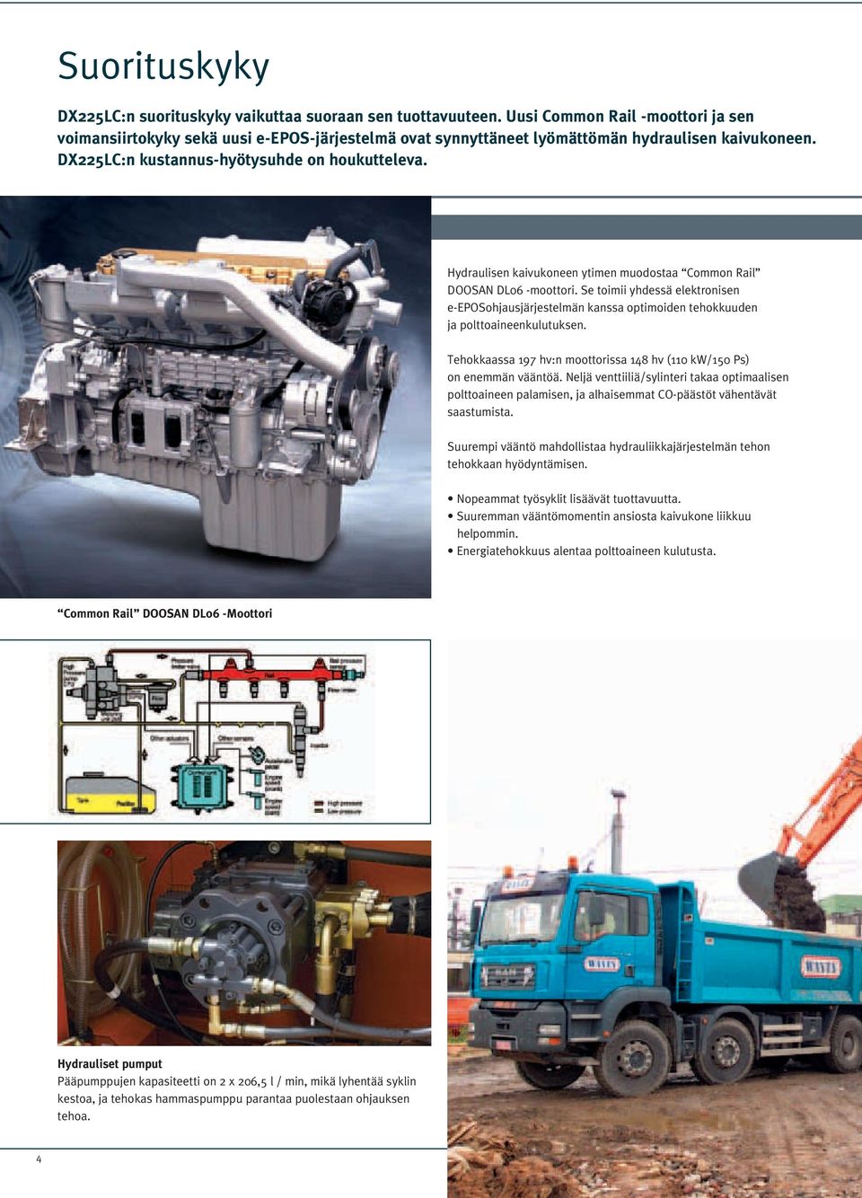 Hydraulisen kaivukoneen ytimen muodostaa Coon Rail DOOSAN DL06 -moottori. Se toimii yhdessä elektronisen e-eposohjausjärjestelmän kanssa optimoiden tehokkuuden ja polttoaineenkulutuksen.