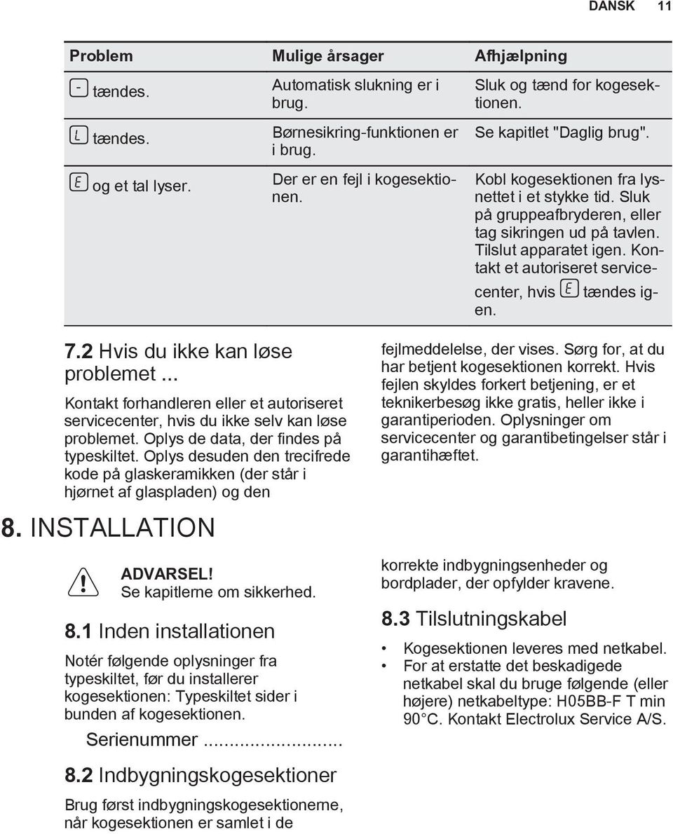 Kontakt et autoriseret servicecenter, hvis en. tændes ig 7.2 Hvis du ikke kan løse problemet... Kontakt forhandleren eller et autoriseret servicecenter, hvis du ikke selv kan løse problemet.