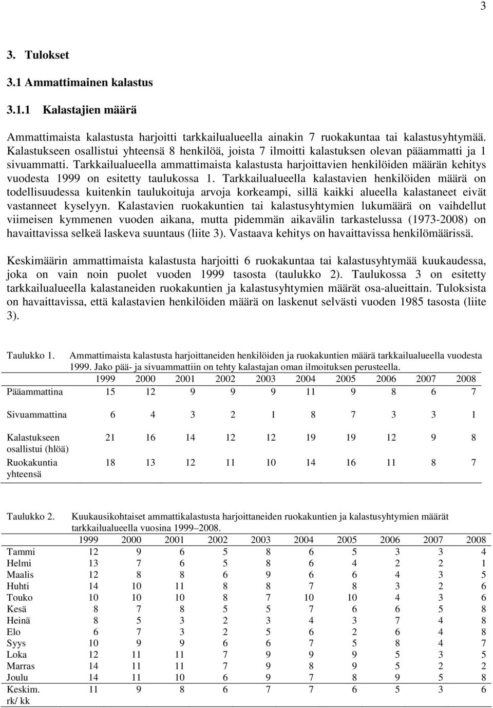 Tarkkailualueella ammattimaista kalastusta harjoittavien henkilöiden määrän kehitys vuodesta 1999 on esitetty taulukossa 1.