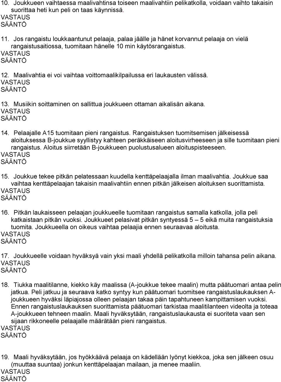 Maalivahtia ei voi vaihtaa voittomaalikilpailussa eri laukausten välissä. 13. Musiikin soittaminen on sallittua joukkueen ottaman aikalisän aikana. 14. Pelaajalle A15 tuomitaan pieni rangaistus.