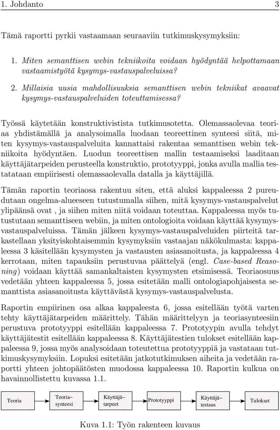 Olemassaolevaa teoriaa yhdistämällä ja analysoimalla luodaan teoreettinen synteesi siitä, miten kysymys-vastauspalveluita kannattaisi rakentaa semanttisen webin tekniikoita hyödyntäen.