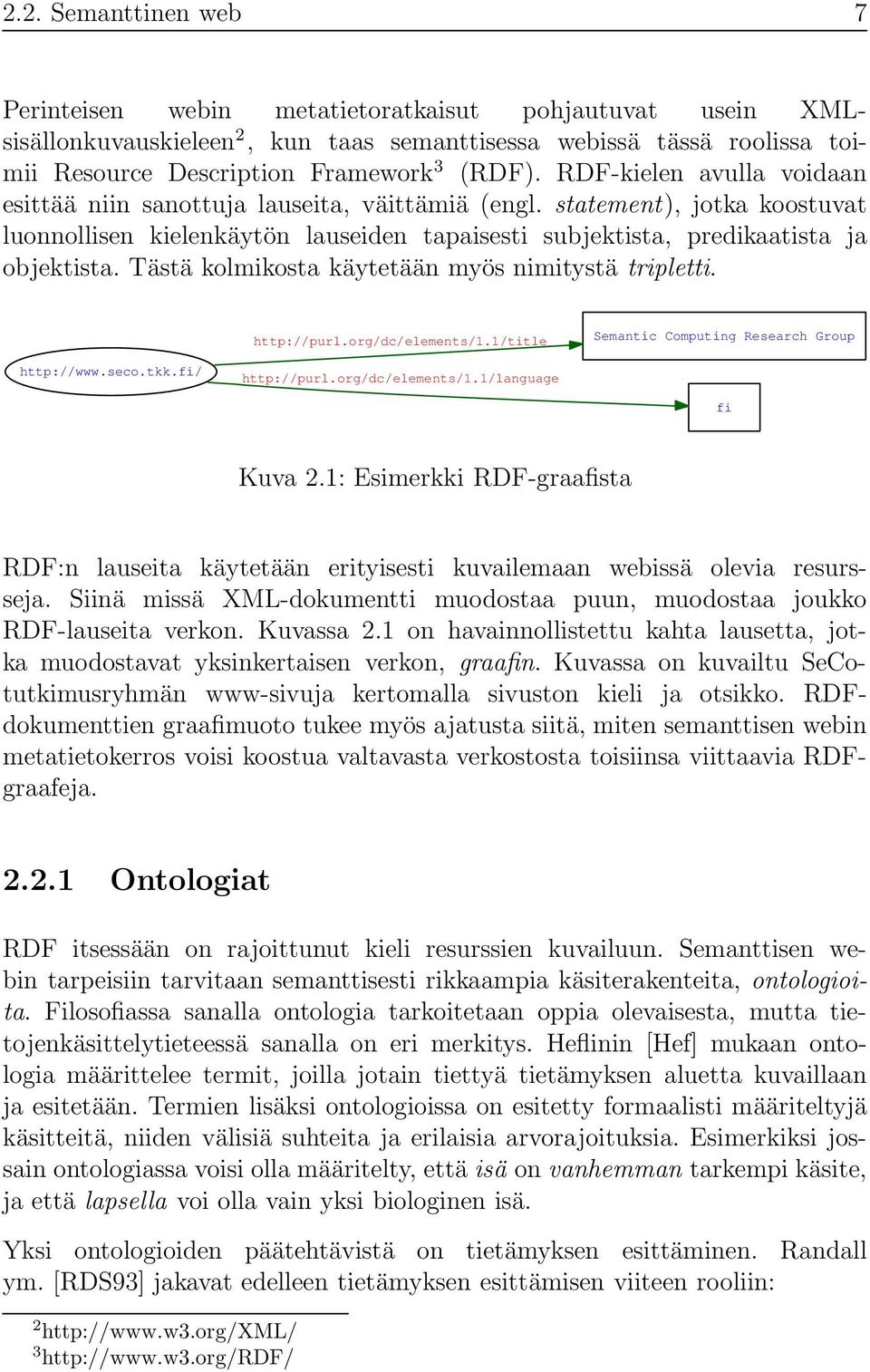 Tästä kolmikosta käytetään myös nimitystä tripletti. http://purl.org/dc/elements/1.1/title Semantic Computing Research Group http://www.seco.tkk.fi/ http://purl.org/dc/elements/1.1/language fi Kuva 2.