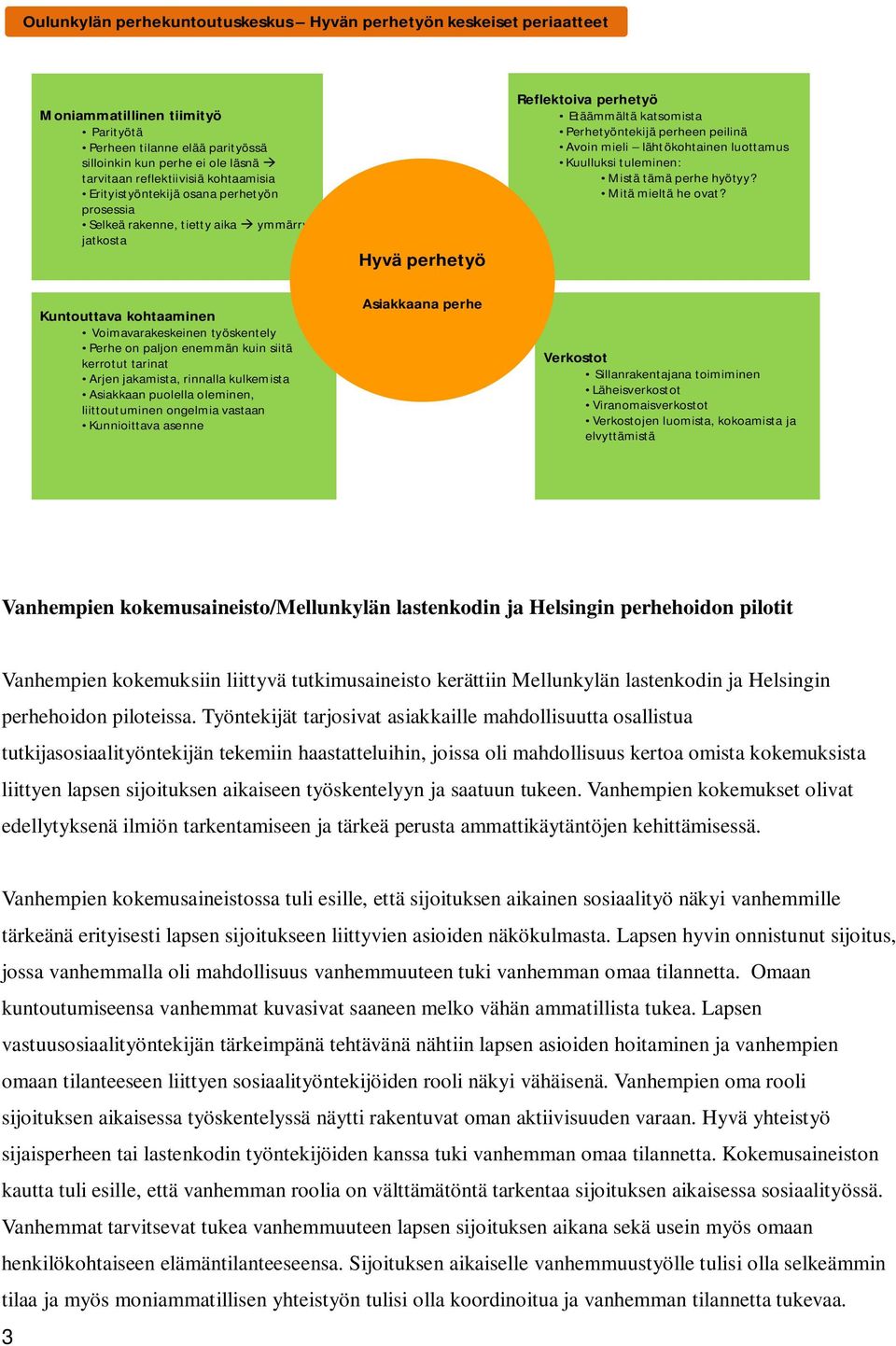 kerrotut tarinat Arjen jakamista, rinnalla kulkemista Asiakkaan puolella oleminen, liittoutuminen ongelmia vastaan Kunnioittava asenne Hyvä perhetyö Asiakkaana perhe Reflektoiva perhetyö Etäämmältä