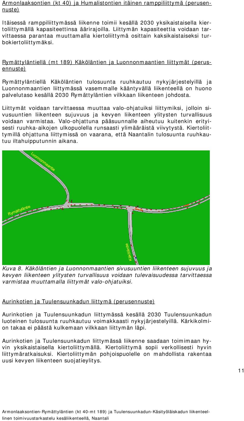 Rymättyläntiellä (mt 189) Käköläntien ja Luonnonmaantien liittymät (perusennuste) Rymättyläntiellä Käköläntien tulosuunta ruuhkautuu nykyjärjestelyillä ja Luonnonmaantien liittymässä vasemmalle