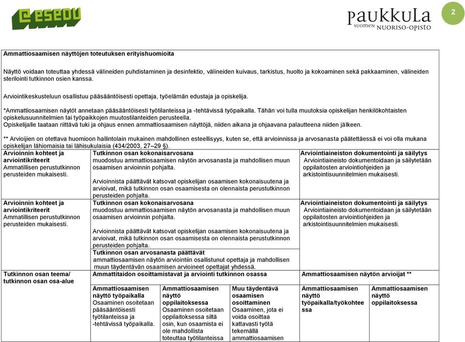 * näytöt annetaan pääsääntöisesti työtilanteissa ja -tehtävissä työpaikalla.