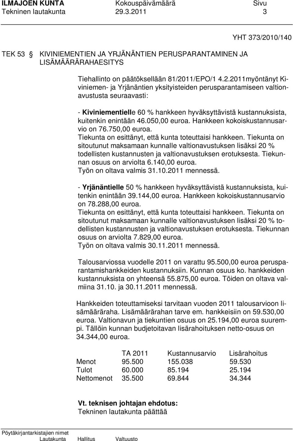 050,00 euroa. Hankkeen kokoiskustannusarvio on 76.750,00 euroa. Tiekunta on esittänyt, että kunta toteuttaisi hankkeen.