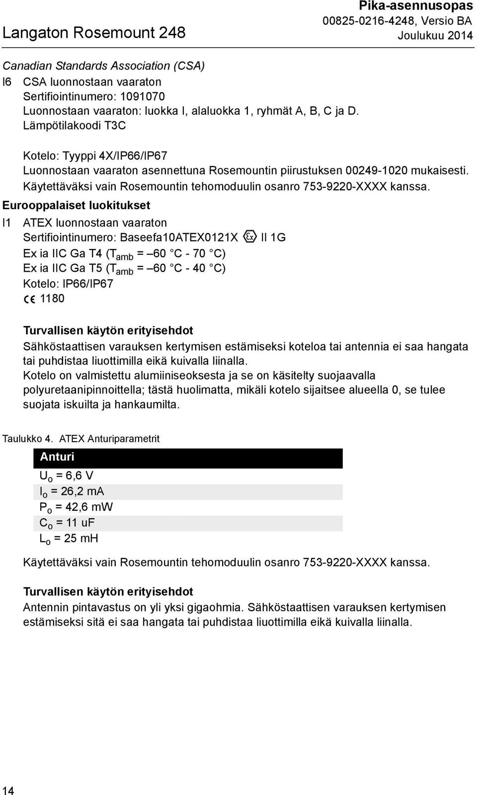 Käytettäväksi vain Rosemountin tehomoduulin osanro 753-9220-XXXX kanssa.