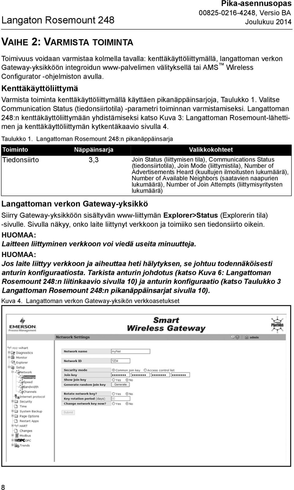 Valitse Communication Status (tiedonsiirtotila) -parametri toiminnan varmistamiseksi.