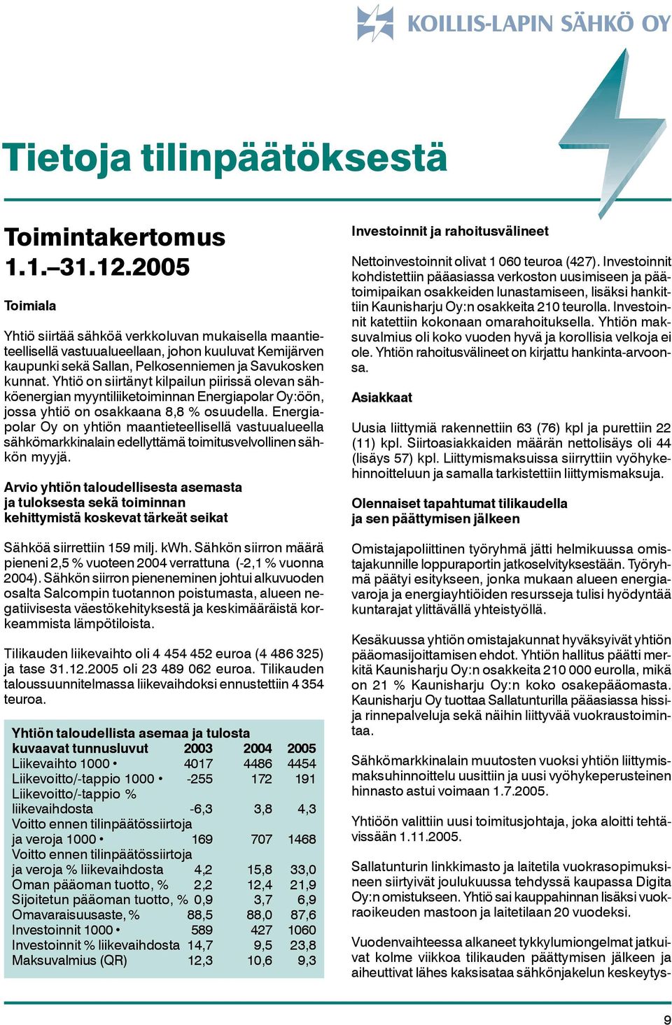 Yhtiö on siirtänyt kilpailun piirissä olevan sähköenergian myyntiliiketoiminnan Energiapolar Oy:öön, jossa yhtiö on osakkaana 8,8 % osuudella.