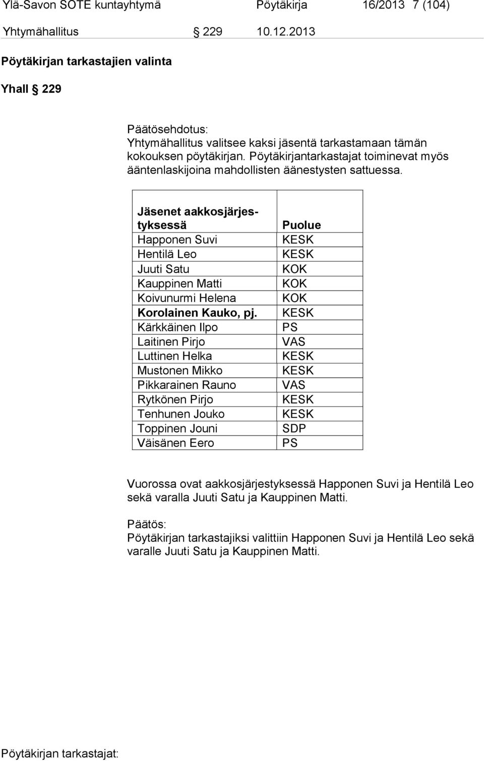 Pöytäkirjantarkastajat toiminevat myös ääntenlaskijoina mahdollisten äänestysten sattuessa.