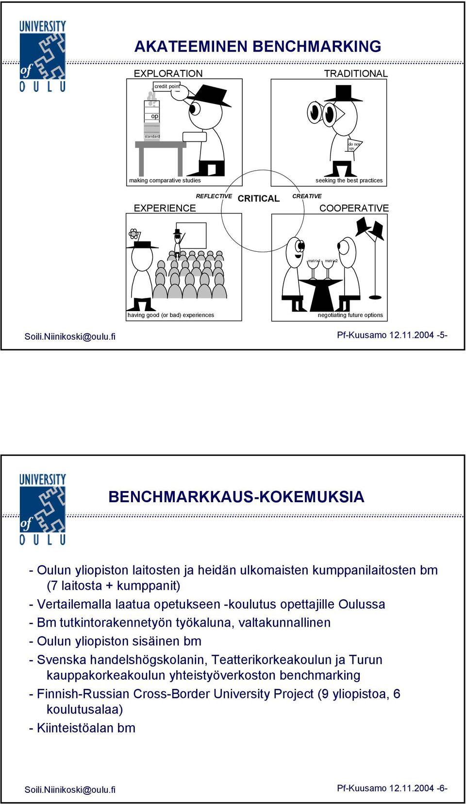 2004-5- BENCHMARKKAUS-KOKEMUKSIA - Oulun yliopiston laitosten ja heidän ulkomaisten kumppanilaitosten bm (7 laitosta + kumppanit) - Vertailemalla laatua opetukseen -koulutus opettajille Oulussa - Bm
