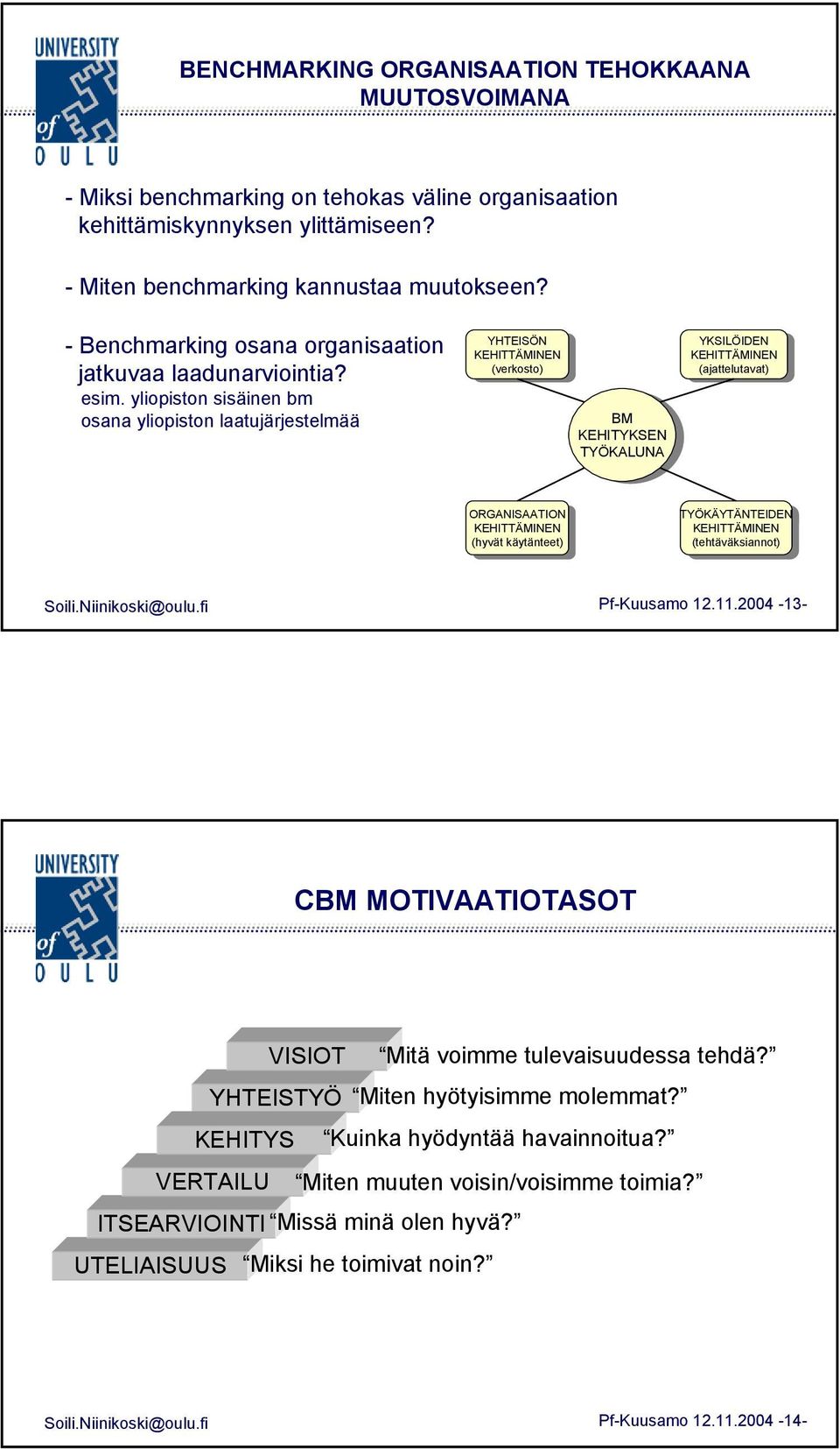 yliopiston sisäinen bm osana yliopiston laatujärjestelmää YHTEISÖN (verkosto) BM BM KEHITYKSEN TYÖKALUNA YKSILÖIDEN (ajattelutavat) ORGANISAATION ORGANISAATION (hyvät (hyvät käytänteet) käytänteet)