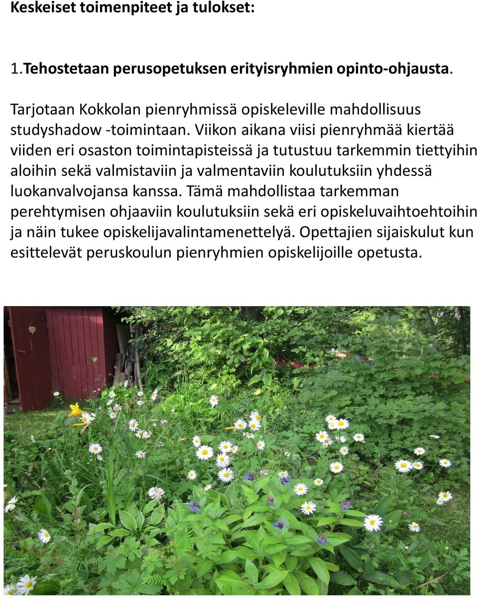 Viikon aikana viisi pienryhmää kiertää viiden eri osaston toimintapisteissä ja tutustuu tarkemmin tiettyihin aloihin sekä valmistaviin ja valmentaviin