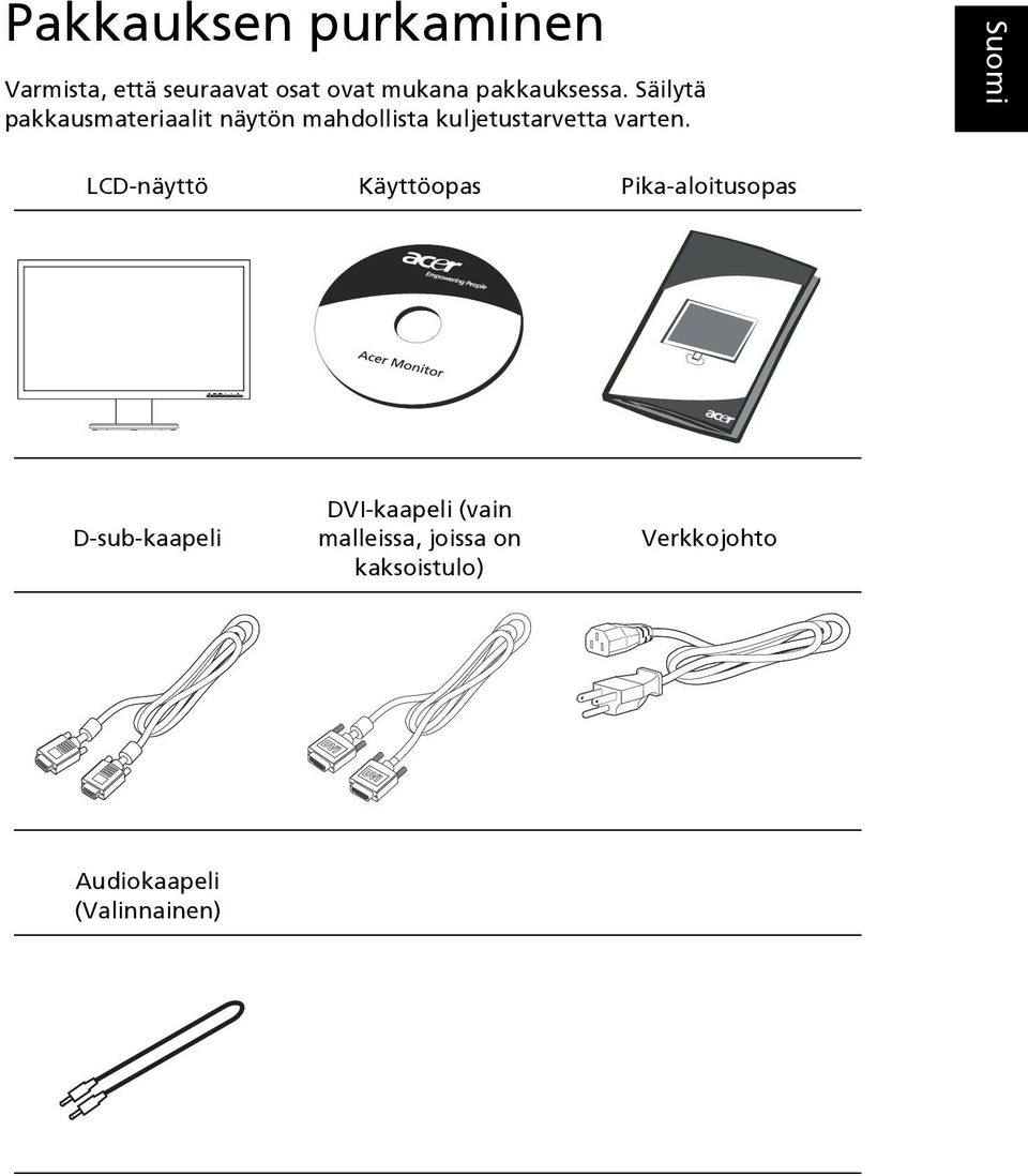 Säilytä pakkausmateriaalit näytön mahdollista kuljetustarvetta varten.