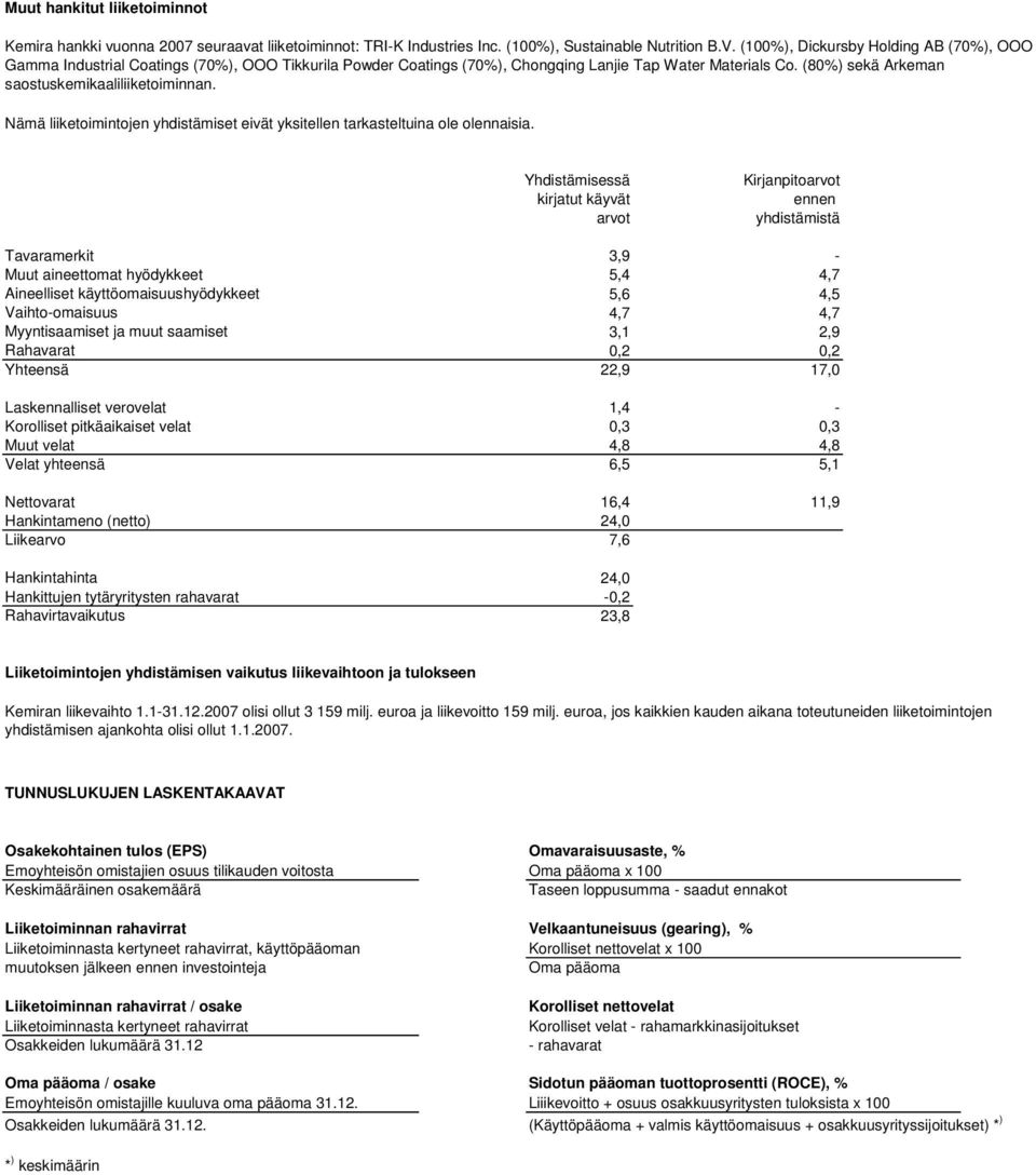 (80%) sekä Arkeman saostuskemikaaliliiketoiminnan. Nämä liiketoimintojen yhdistämiset eivät yksitellen tarkasteltuina ole olennaisia.