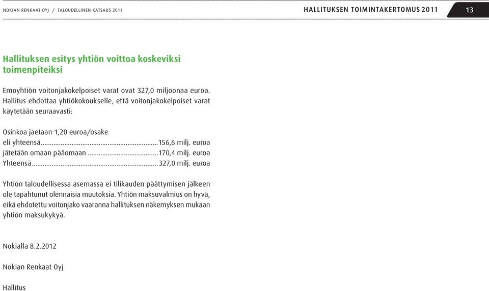 ..156,6 milj. euroa jätetään omaan pääomaan...170,4 milj. euroa Yhteensä...327,0 milj.