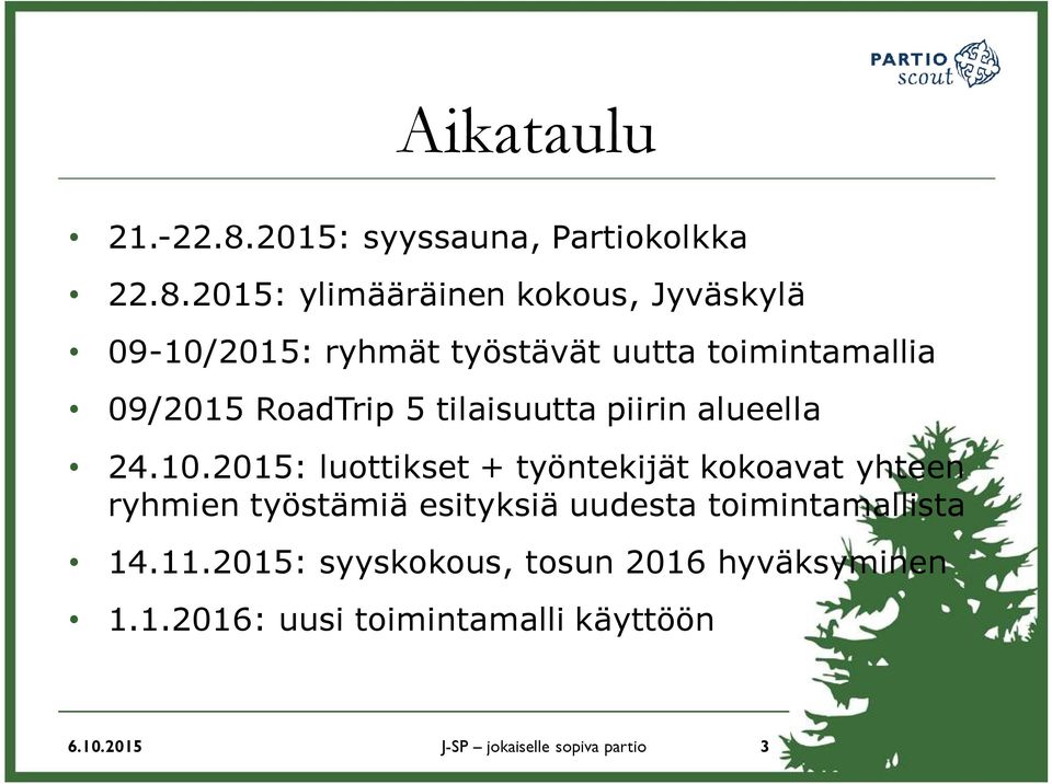 2015: ylimääräinen kokous, Jyväskylä 09-10/2015: ryhmät työstävät uutta toimintamallia 09/2015 RoadTrip 5