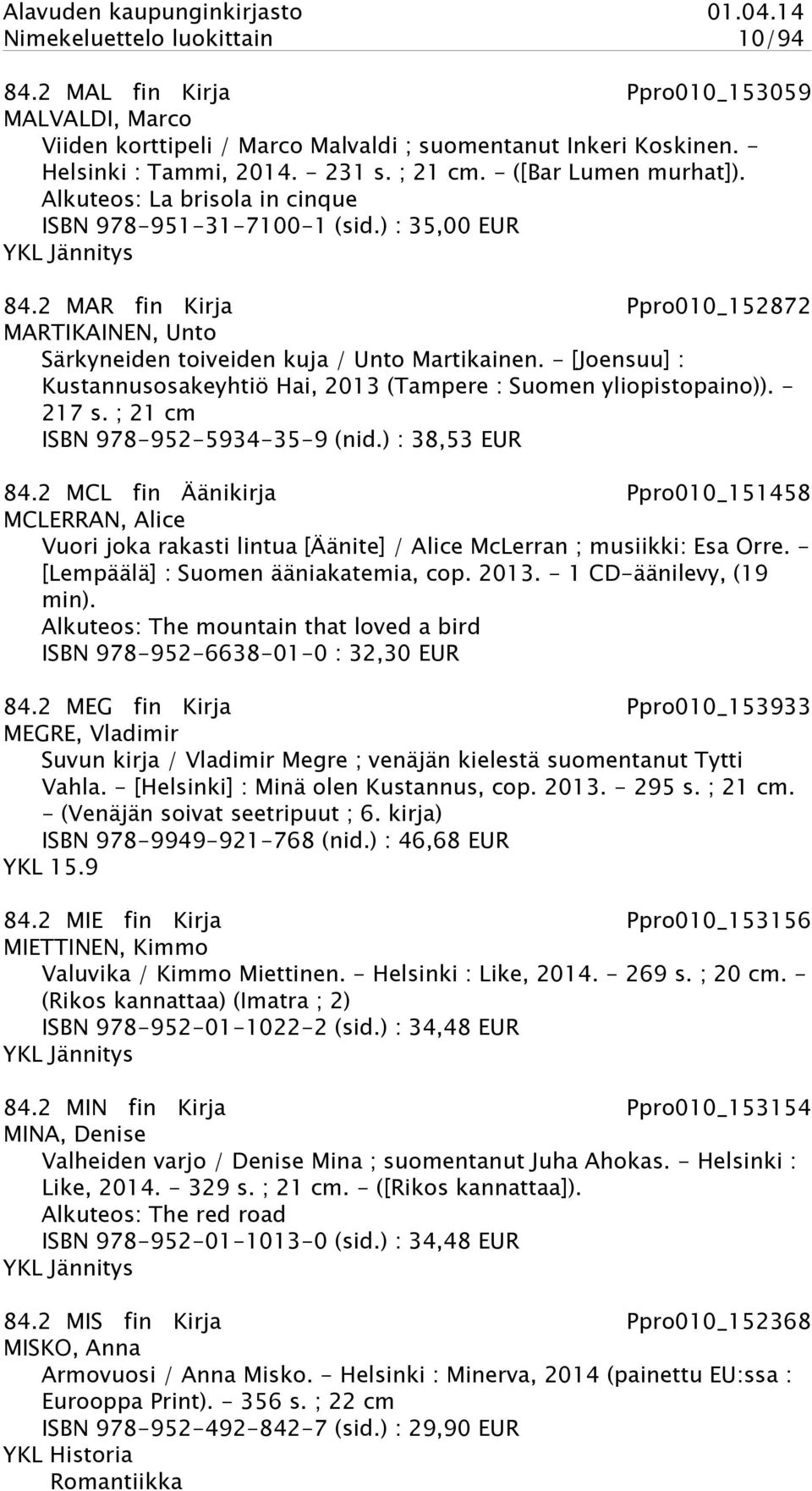 2 MAR fin Kirja Ppro010_152872 MARTIKAINEN, Unto Särkyneiden toiveiden kuja / Unto Martikainen. - [Joensuu] : Kustannusosakeyhtiö Hai, 2013 (Tampere : Suomen yliopistopaino)). - 217 s.