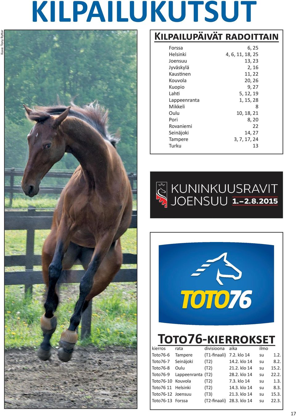 Toto76-6 Tampere (T1-finaali) 7.2. klo 14 su 1.2. Toto76-7 Seinäjoki (T2) 14.2. klo 14 su 8.2. Toto76-8 Oulu (T2) 21.2. klo 14 su 15.2. Toto76-9 Lappeenranta (T2) 28.2. klo 14 su 22.2. Toto76-10 Kouvola (T2) 7.