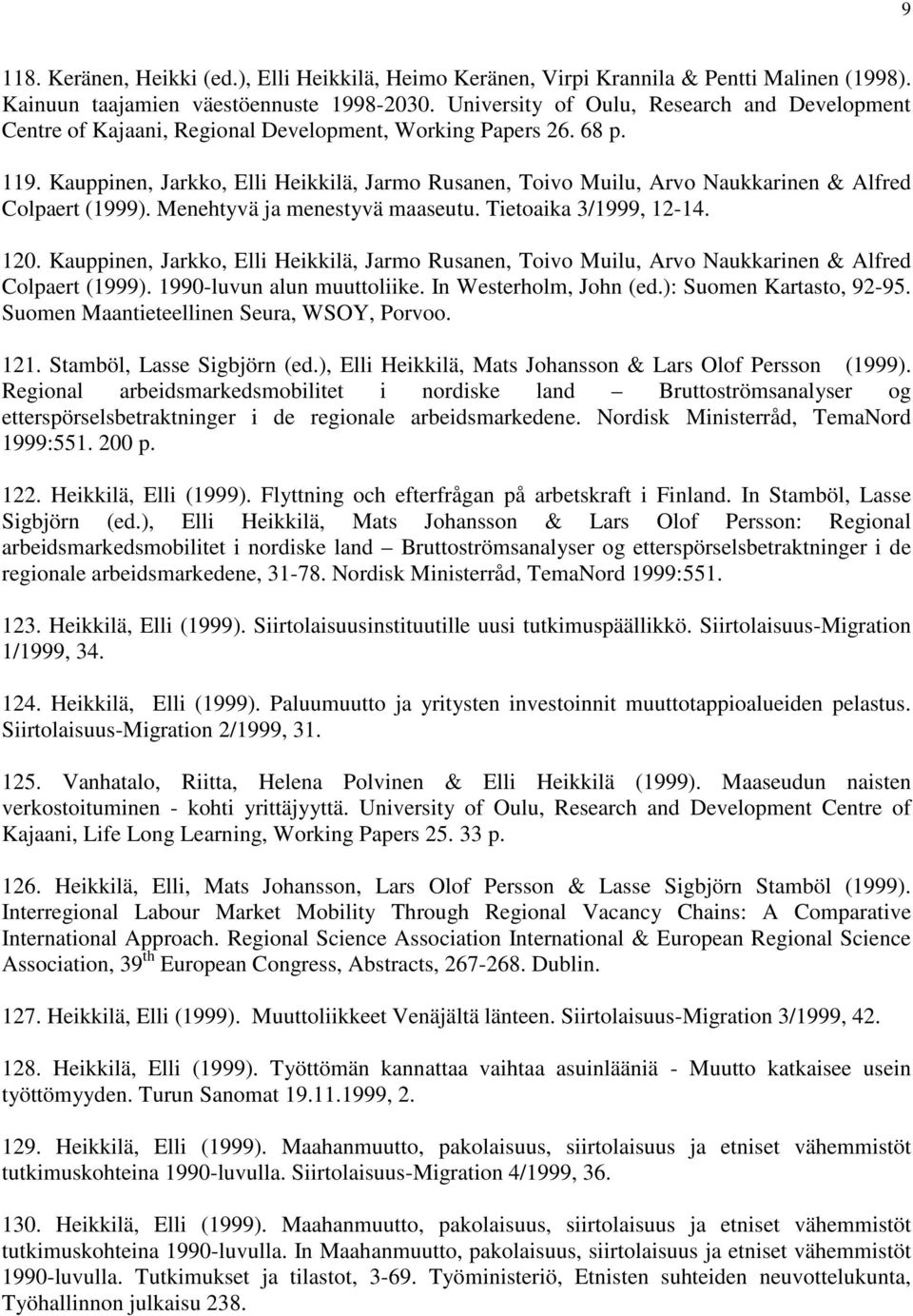 Kauppinen, Jarkko, Elli Heikkilä, Jarmo Rusanen, Toivo Muilu, Arvo Naukkarinen & Alfred Colpaert (1999). Menehtyvä ja menestyvä maaseutu. Tietoaika 3/1999, 12-14. 120.