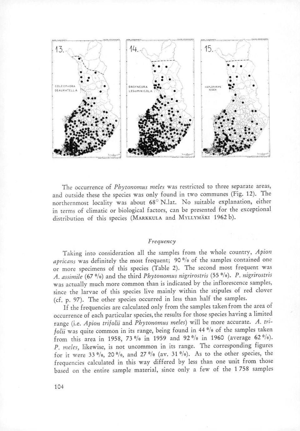 Frequency Taking into consideration ali the samples from the whole country, Apion apricans was definitely the most frequent; 9 /o of the samples contained one or more specimens of this species (Table